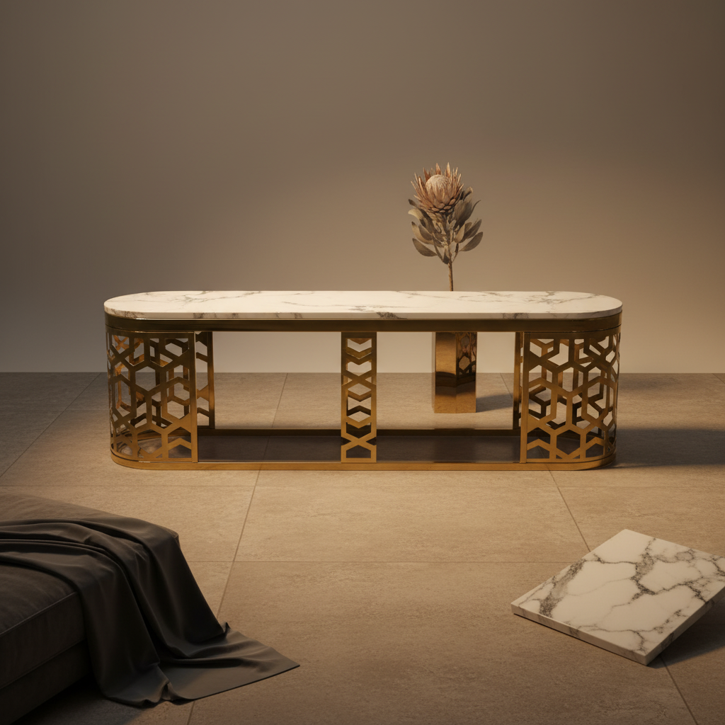 Faux White Marble Top Console Table with Gold Geometric Cut-Out Metal Base